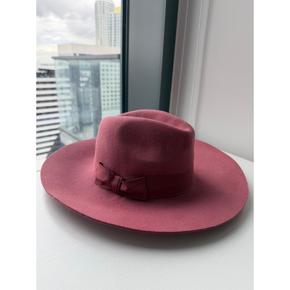 Forever 21 Mauve 100% Wool Wide Brim Fedora Hat with Bow Detail One Size